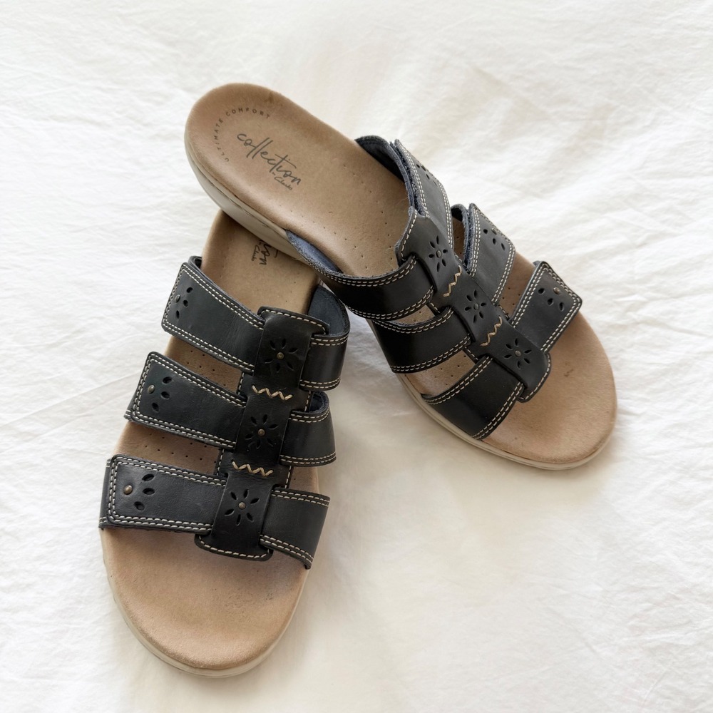 Clarks Collection Black Leather Comfort Slide Sandals Size 10 Wide